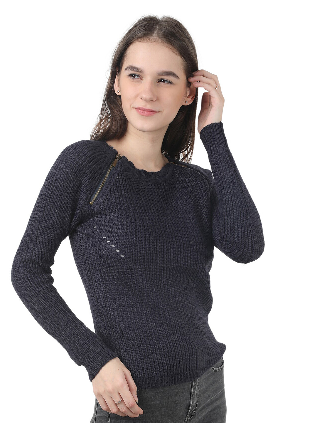 

NoBarr Women Blue Pullover with Zip Detail