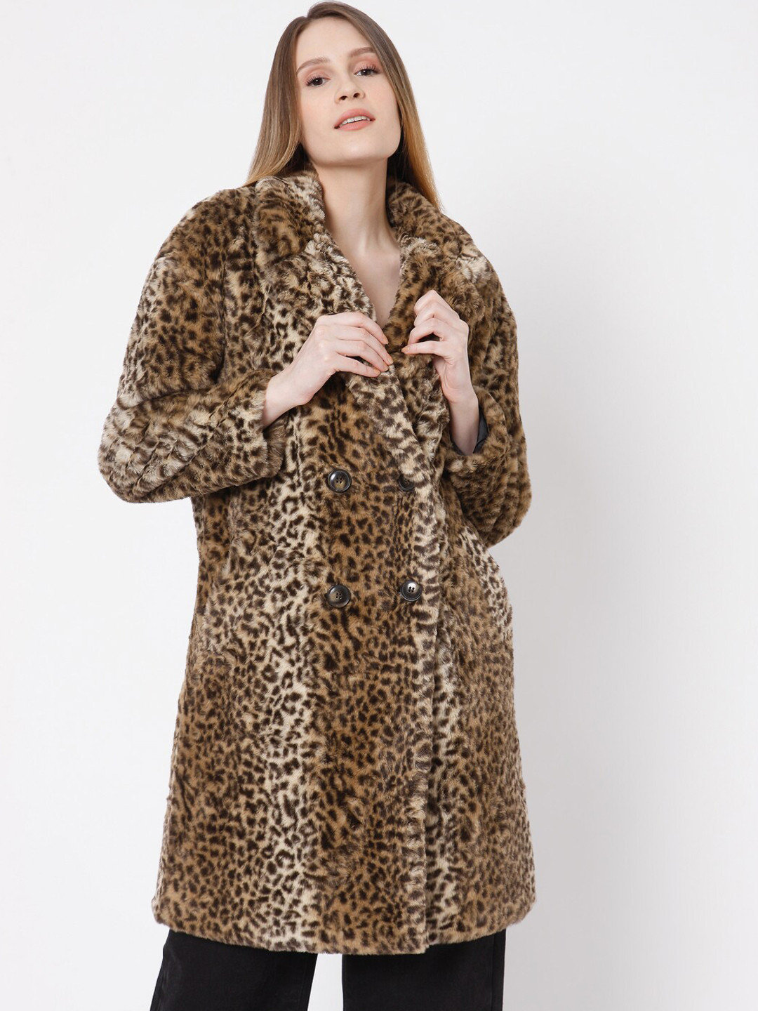 

Vero Moda Women Brown & Black Animal Printed Faux Fur Knee-Length Overcoat