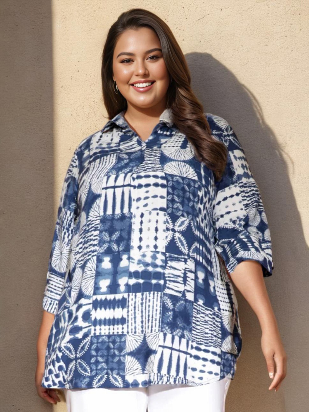 

Amydus Women Plus Size Blue Liva Shirt Style Longline Top