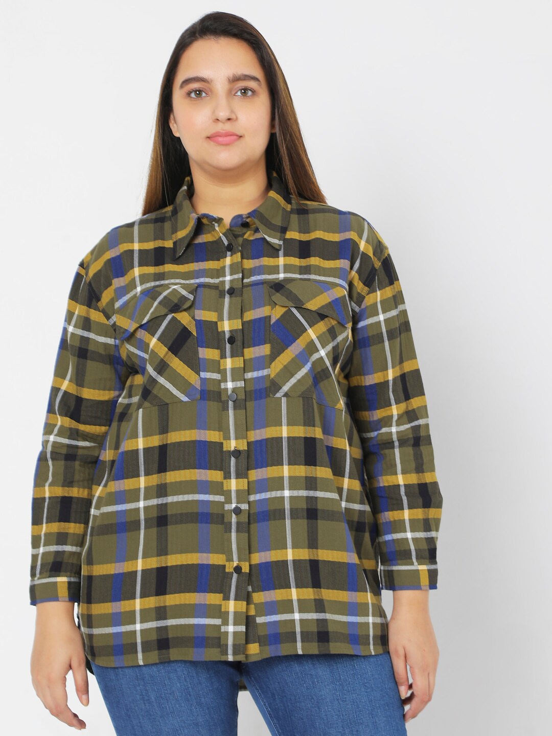 

VERO MODA CURVE Women Green & White Tartan Checks Opaque Checked Cotton Casual Shirt