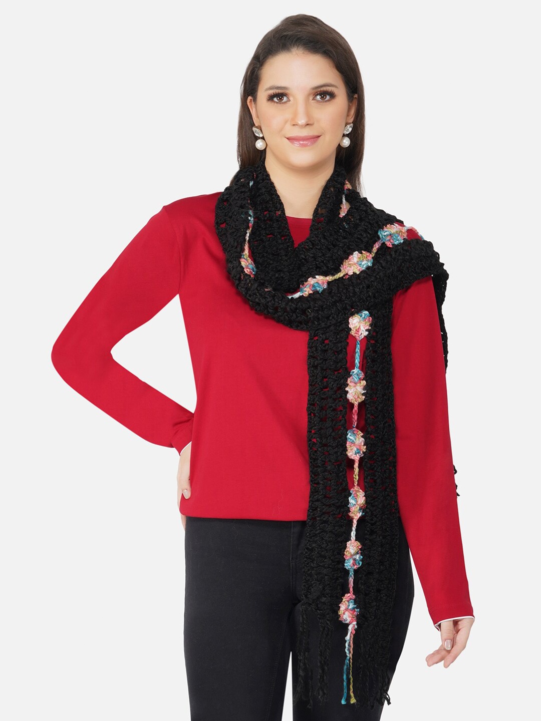 

FABNEST Women Black & White Embroidered Scarf