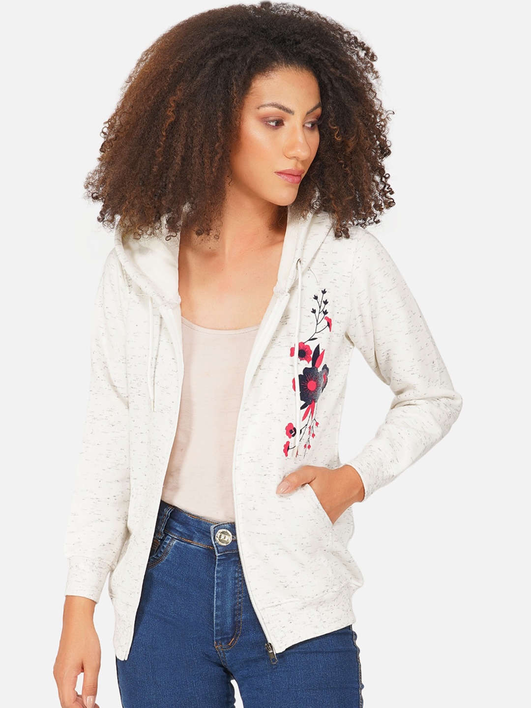 

FABNEST Women White Floral Fleece Lightweight Crop Outdoor Open Front Jacket with Embroidered