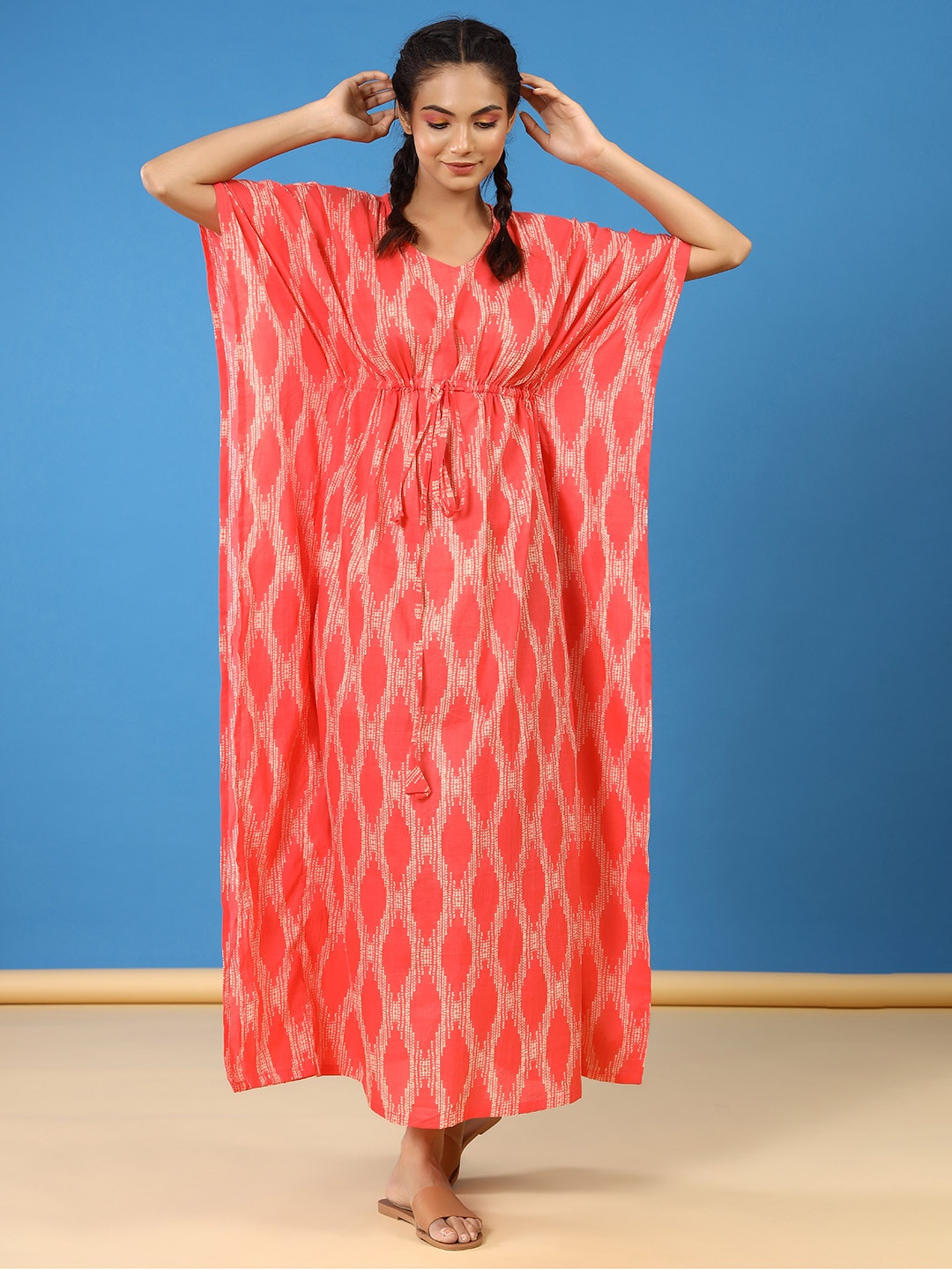 

JISORA Pink Printed Pure Cotton Maxi Nightdress