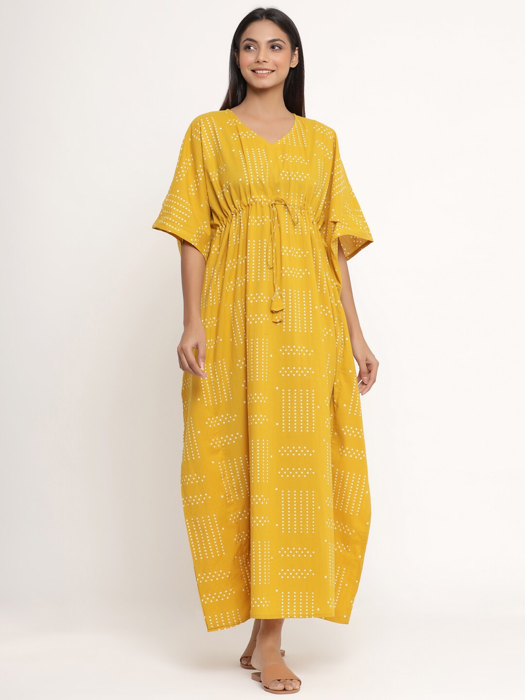 

JISORA Women Mustard Geometric Printed Kaftan Maxi Nightdress