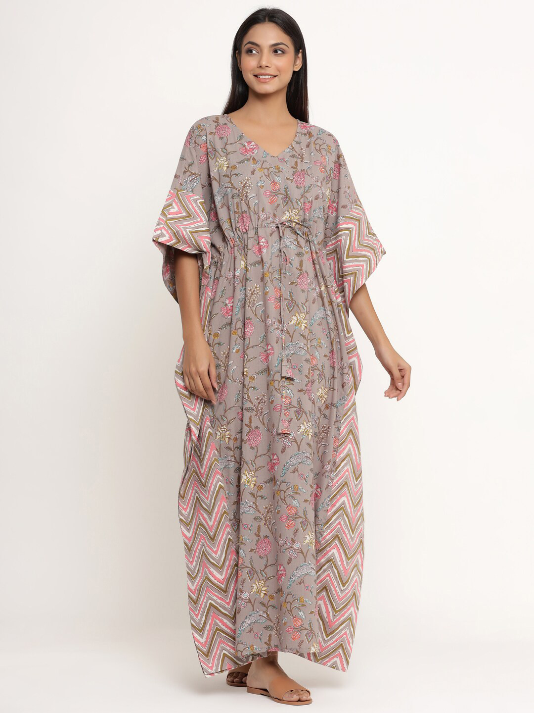 

JISORA Grey Printed Maxi Pure Cotton Nightdress
