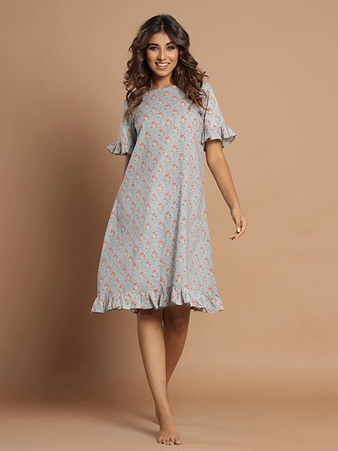 

JISORA Grey Printed T-shirt Pure Cotton Nightdress