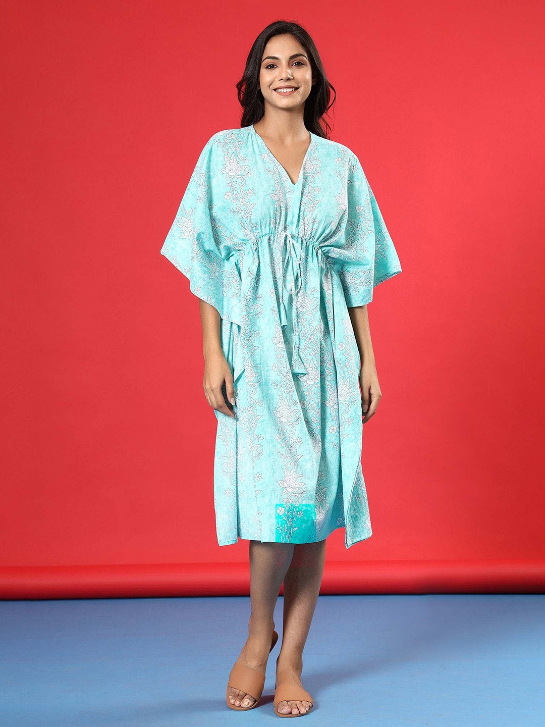 

JISORA Blue Printed Cotton Kaftan Nightdress