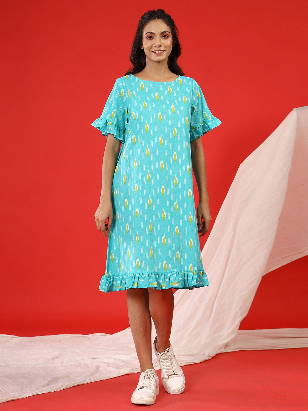 

JISORA Turquoise Blue Printed Pure Cotton Nightdress