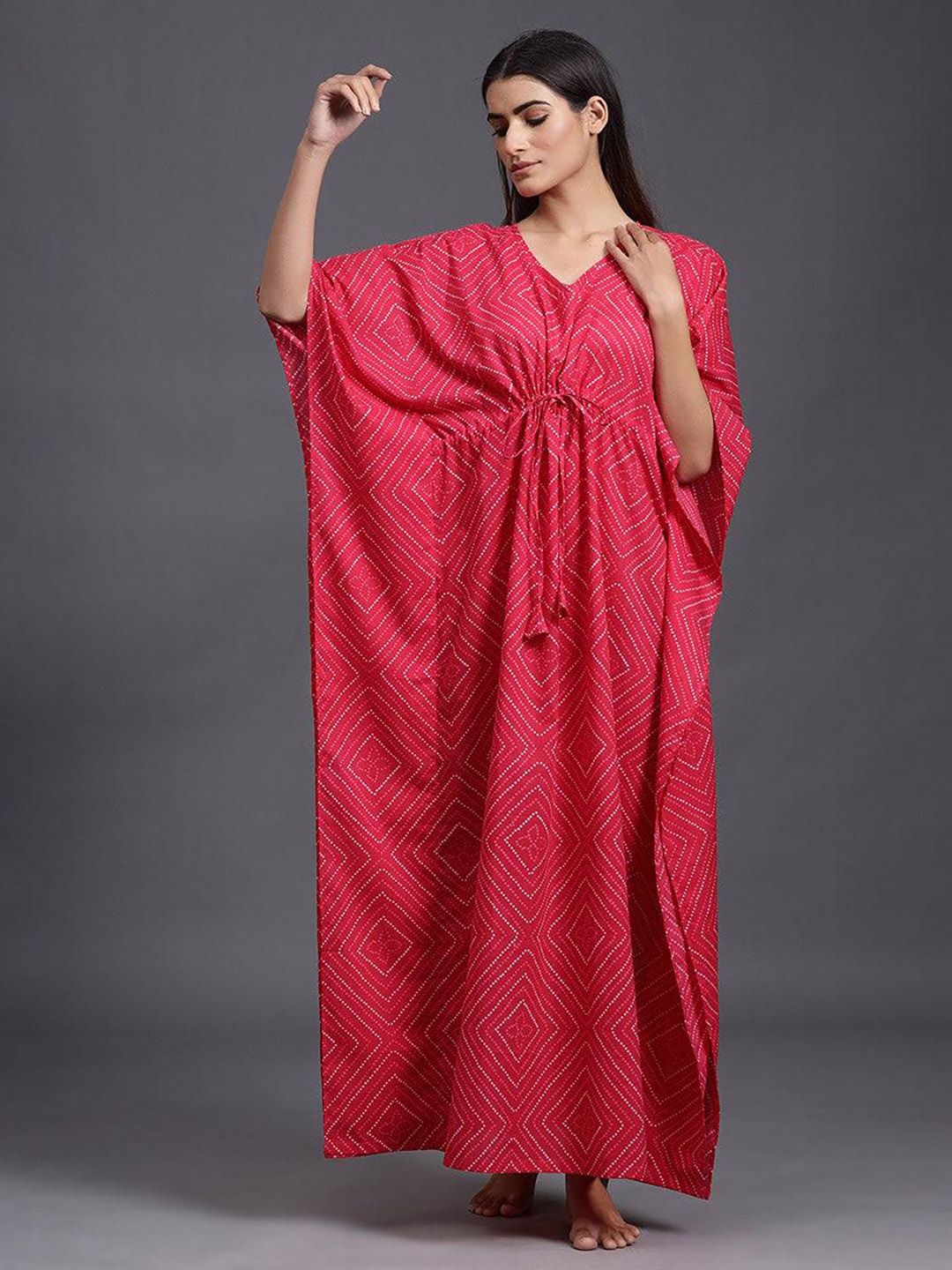 

JISORA Pink Printed Cotton Maxi Kaftan Nightdress