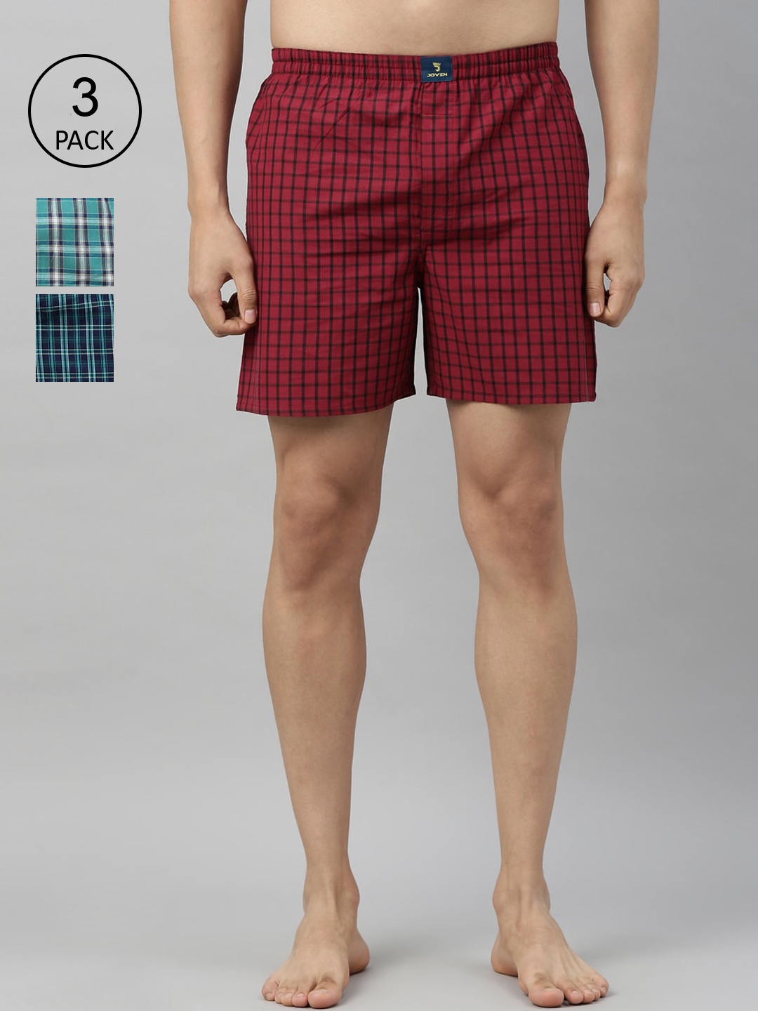 

Joven Men Pack of 3 Checked Pure Cotton Boxers JB3CV019, Red