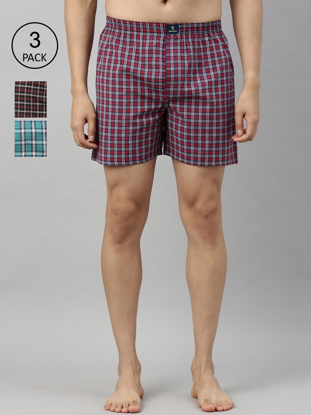 

Joven Men Pack of 3 Checked Pure Cotton Boxers JB3CV007, Red