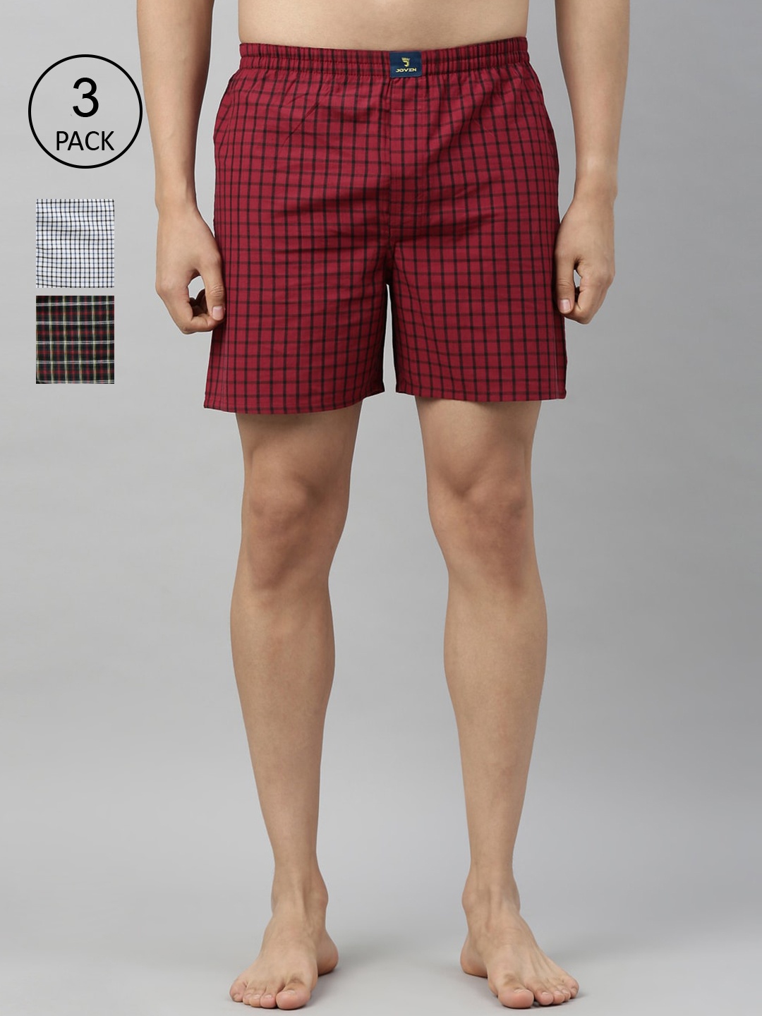 

Joven Men Pack of 3 Checked Pure Cotton Boxers JB3CV010, Red