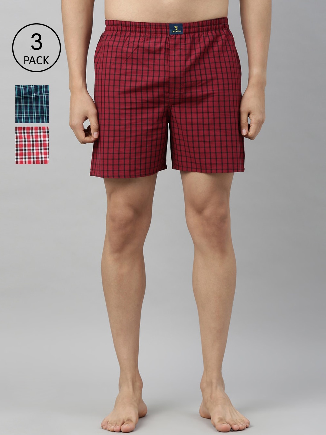 

Joven Men Pack of 3 Checked Pure Cotton Boxers JB3CV001, Red