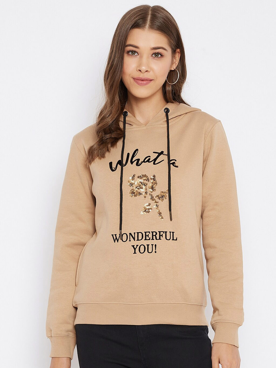 

Madame Women Beige Printed Hooded Fleece Sweatshirt
