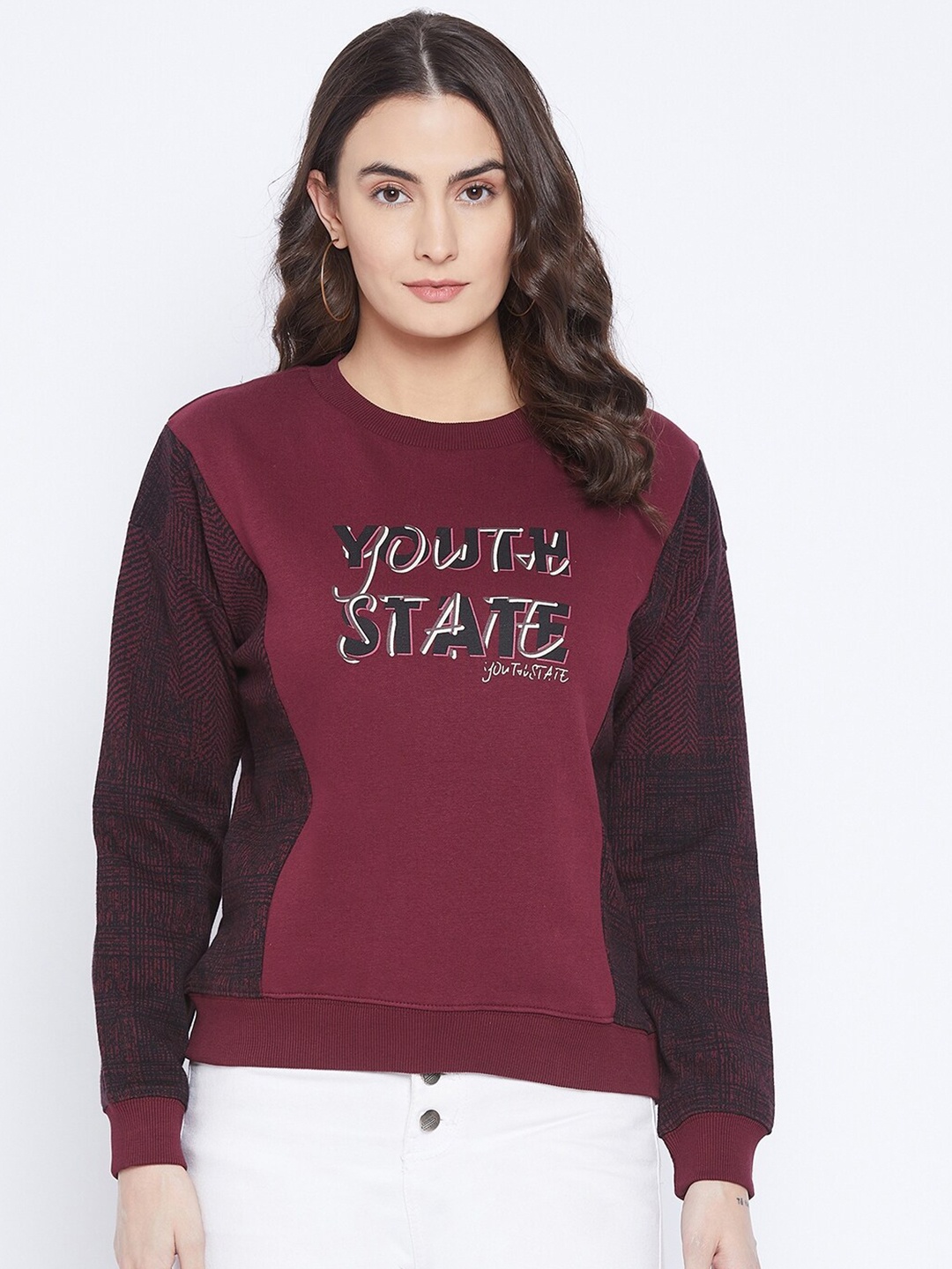

Madame Women Maroon Typographic Printed Pullover Sweatshirt, Burgundy