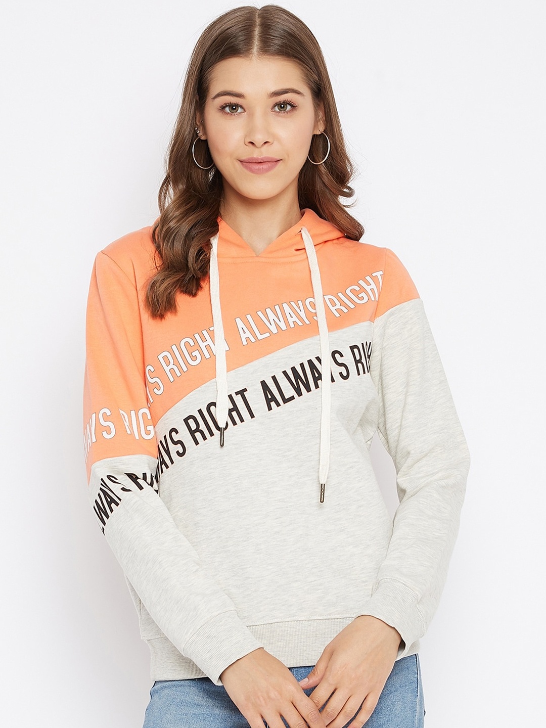 

Madame Women Orange Colourblocked Hooded Sweatshirt