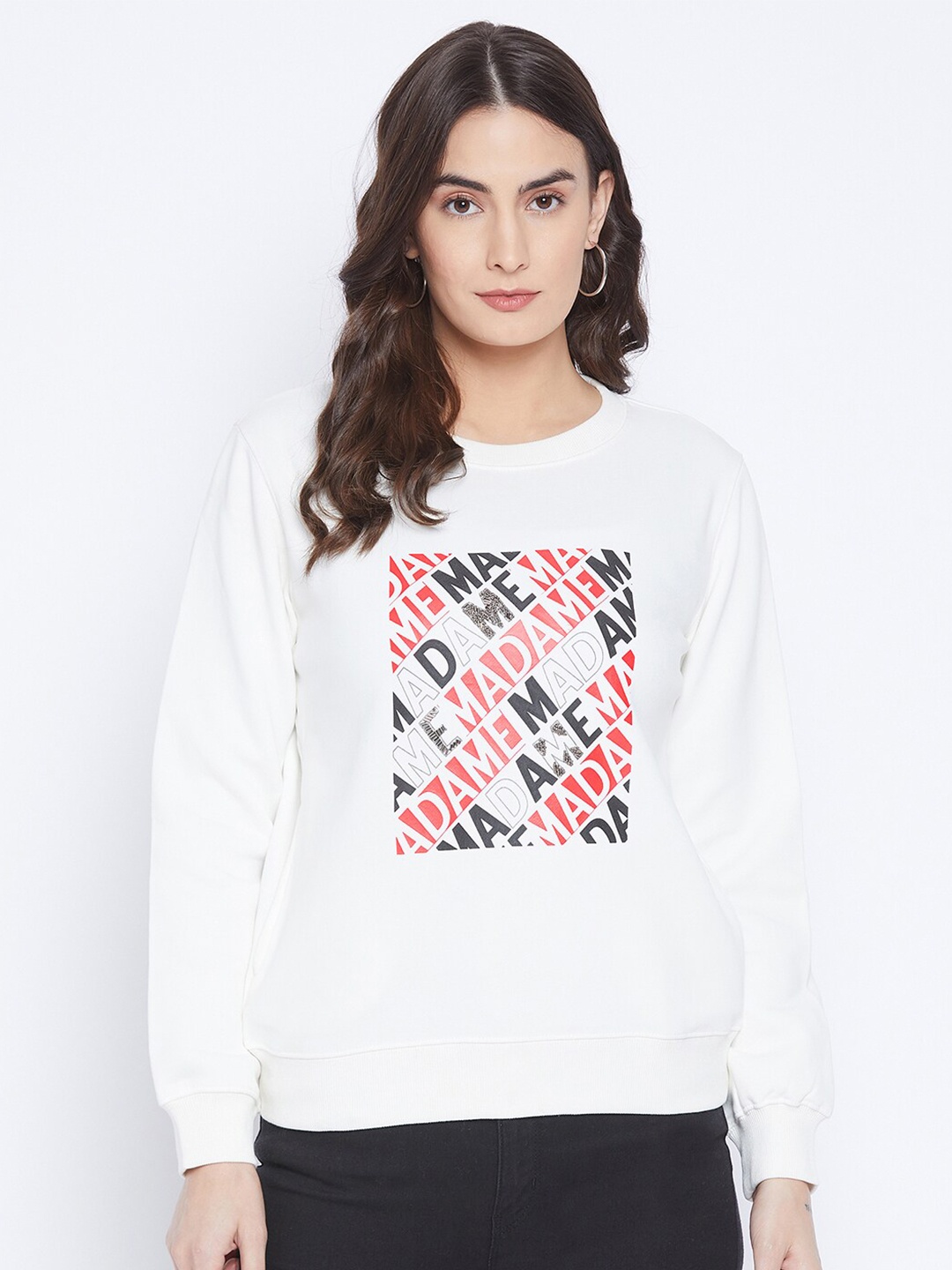 

Madame Women White Printed Fleece Sweatshirt