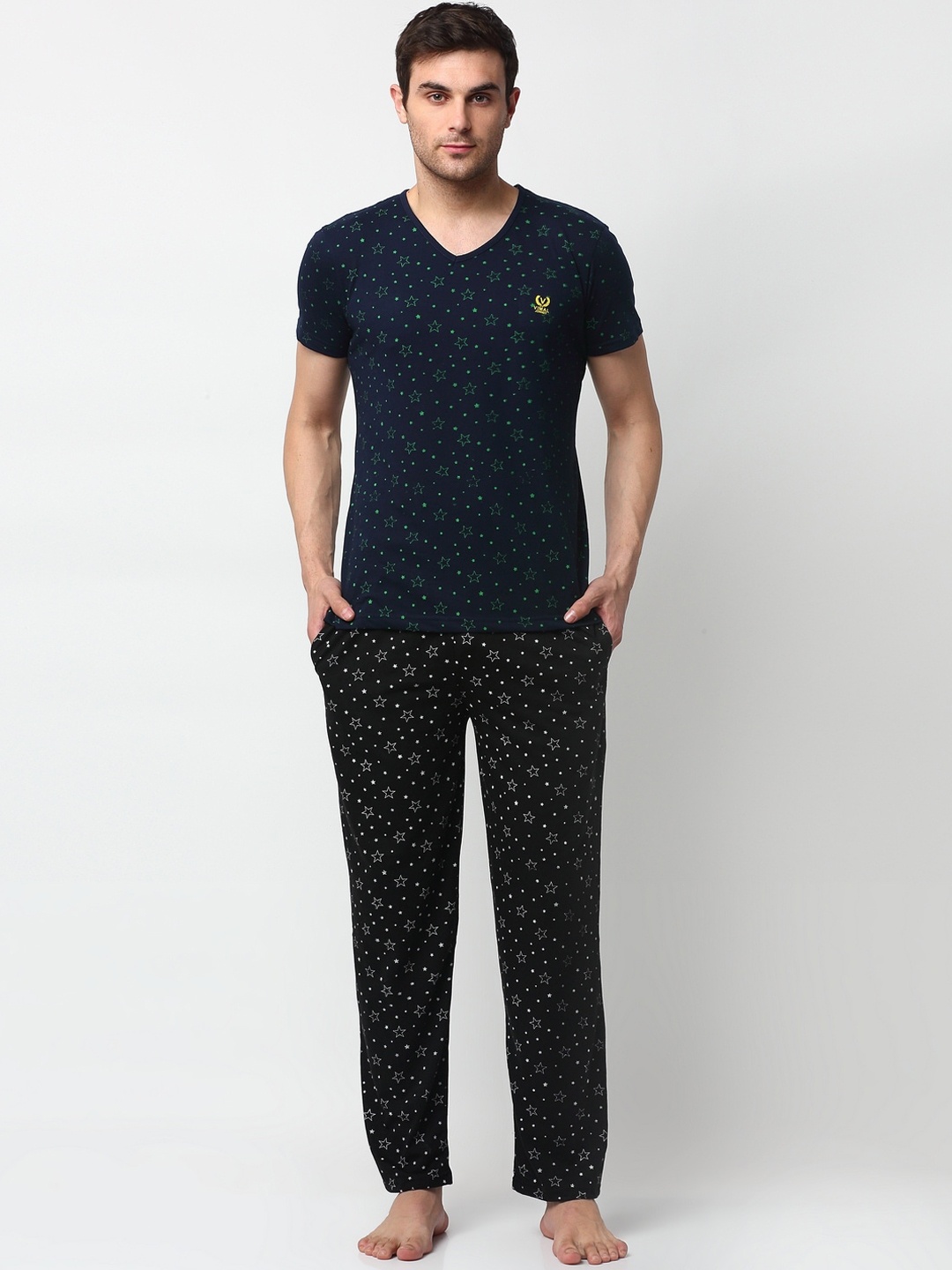 

VIMAL JONNEY Men Navy Blue & Black Printed Night Suit