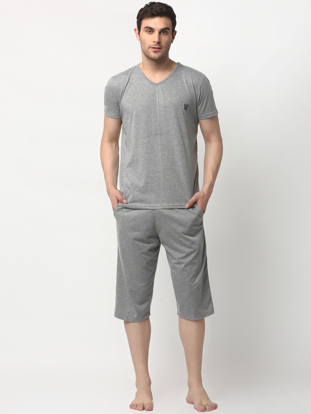 

VIMAL JONNEY Men Grey Melange Cotton Night Suit