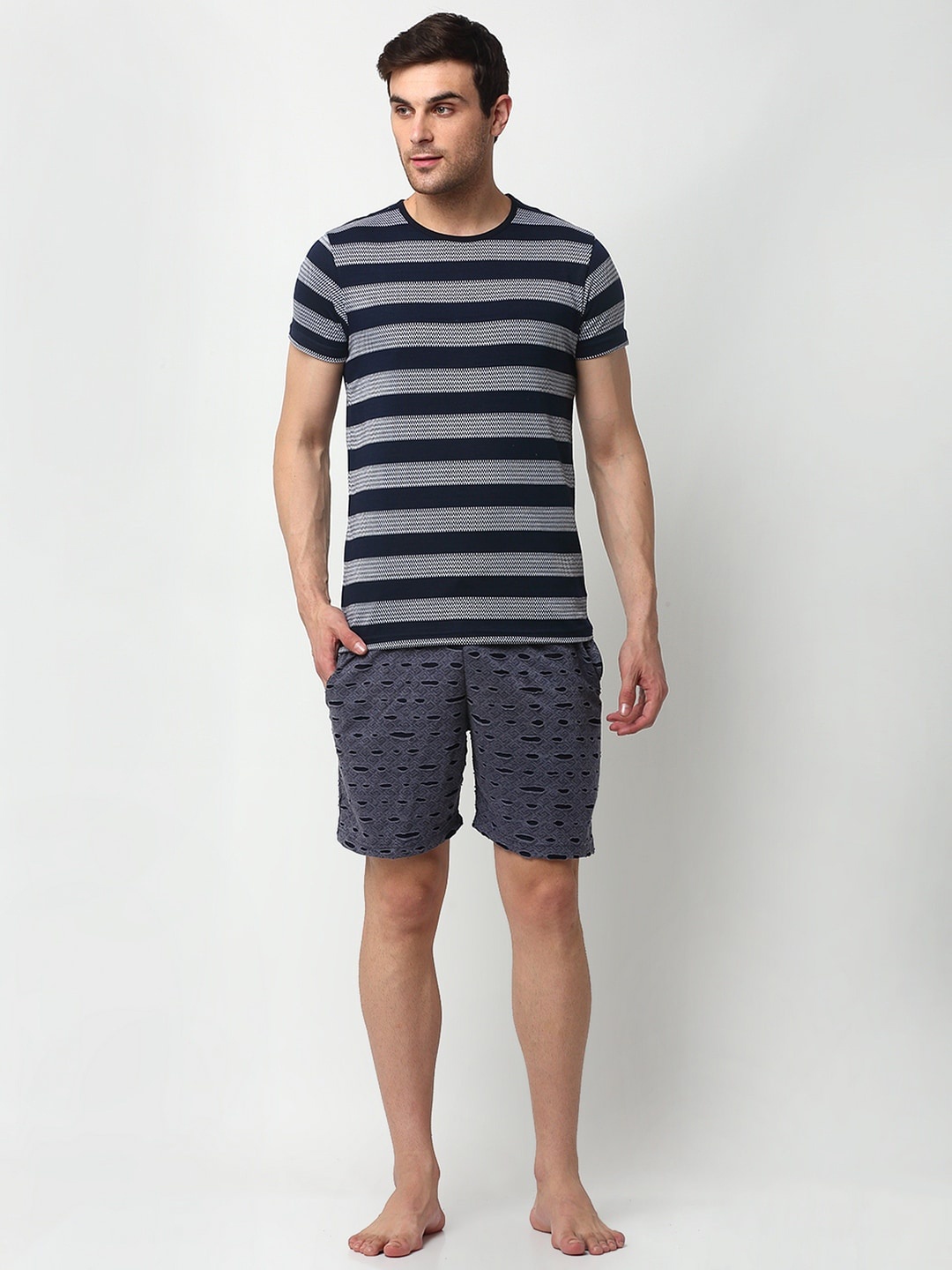 

VIMAL JONNEY Men Navy Blue & White Striped Night Suit