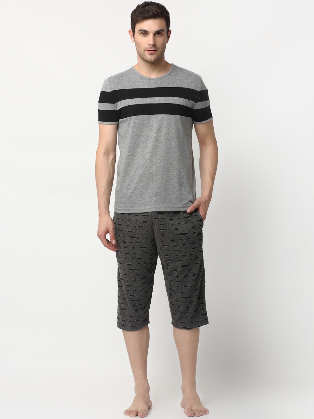 

VIMAL JONNEY Men Grey & Black Striped Night suit
