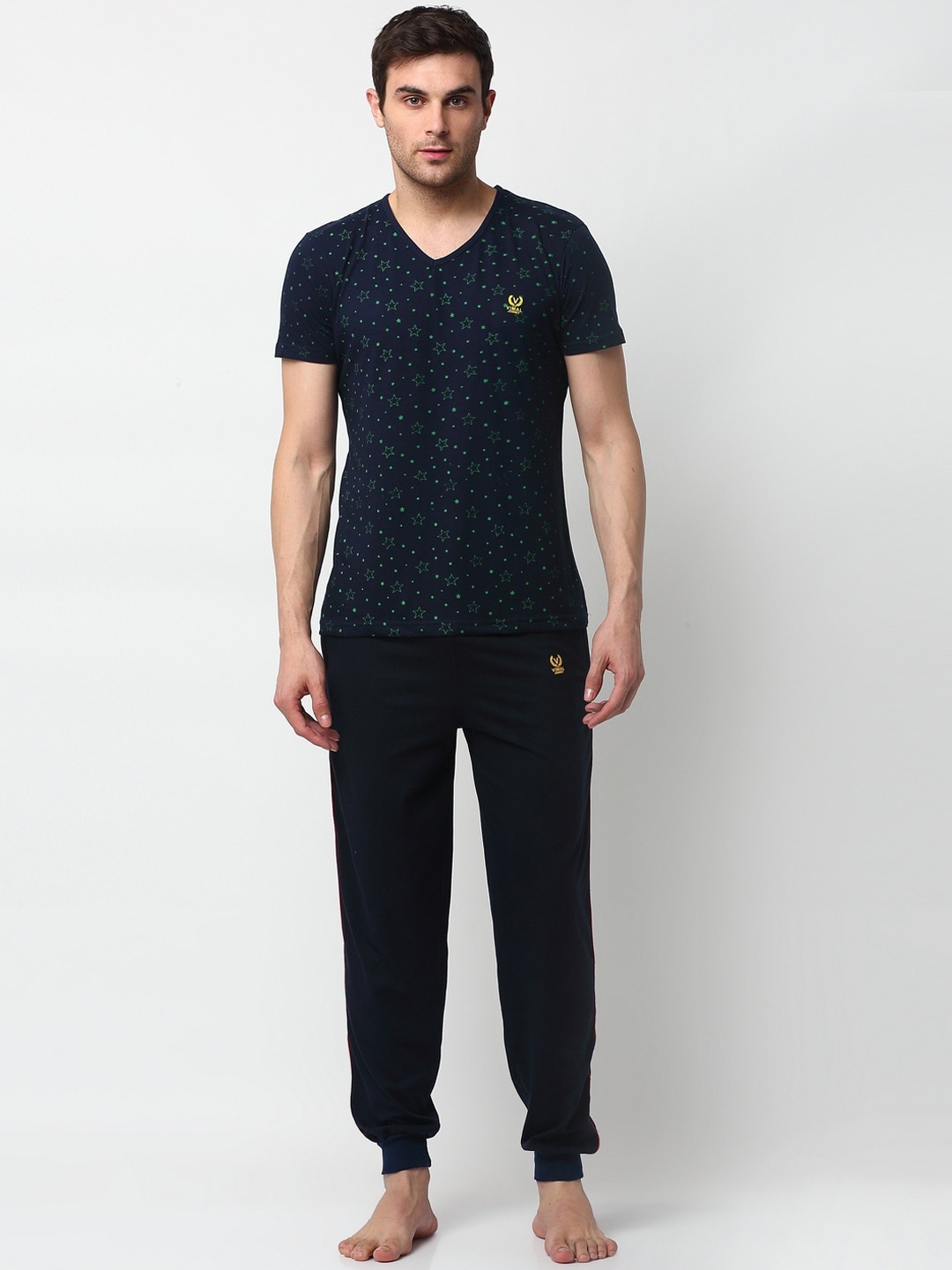 

VIMAL JONNEY Men Navy Blue & Green Printed Night Suit