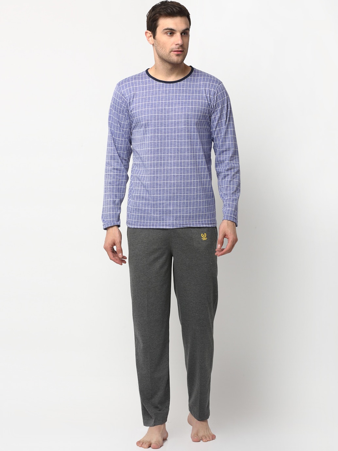 

VIMAL JONNEY Men Grey & Blue Checked Night Suit
