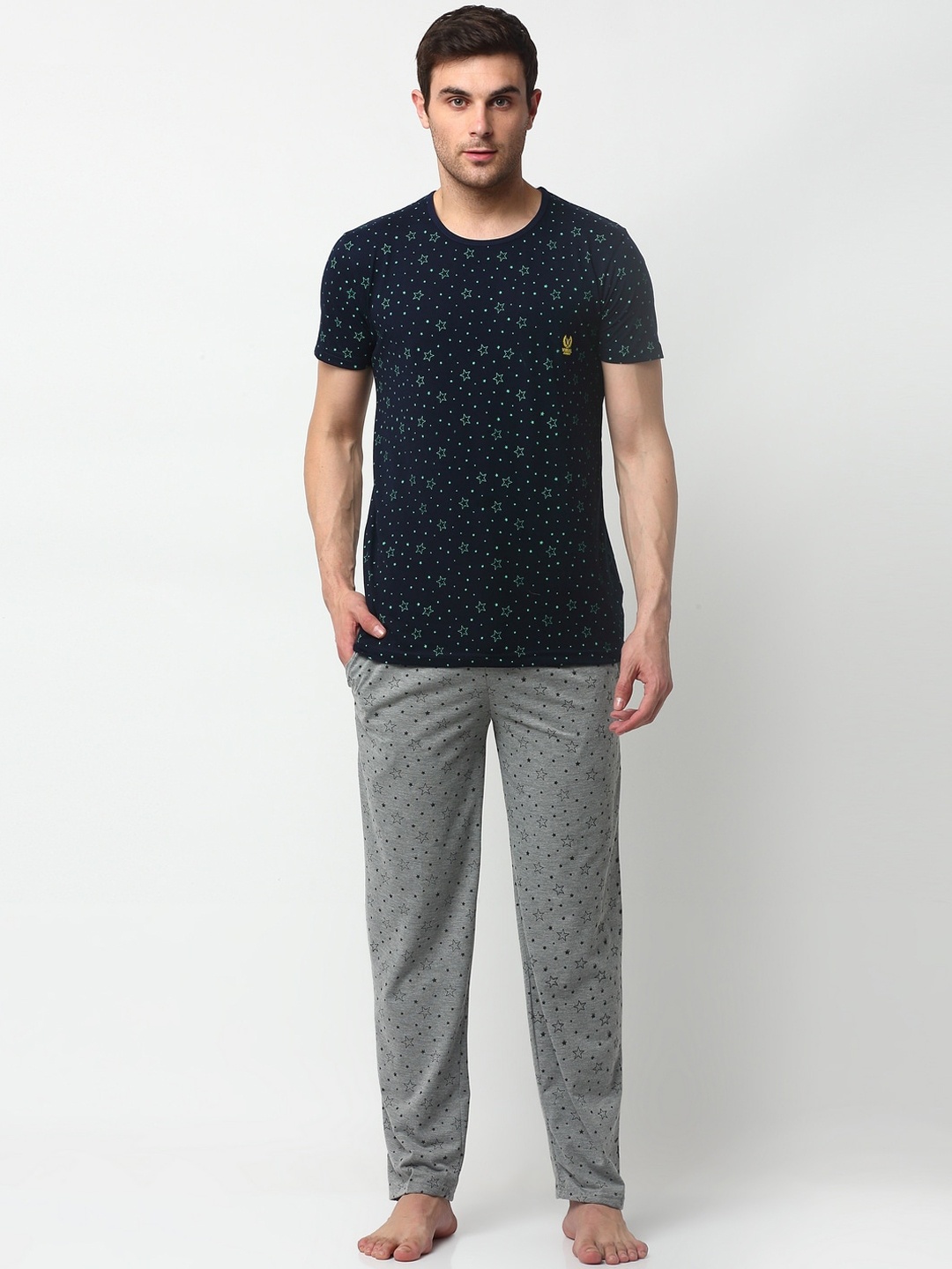 

VIMAL JONNEY Men Navy Blue & Grey Printed Night Suit
