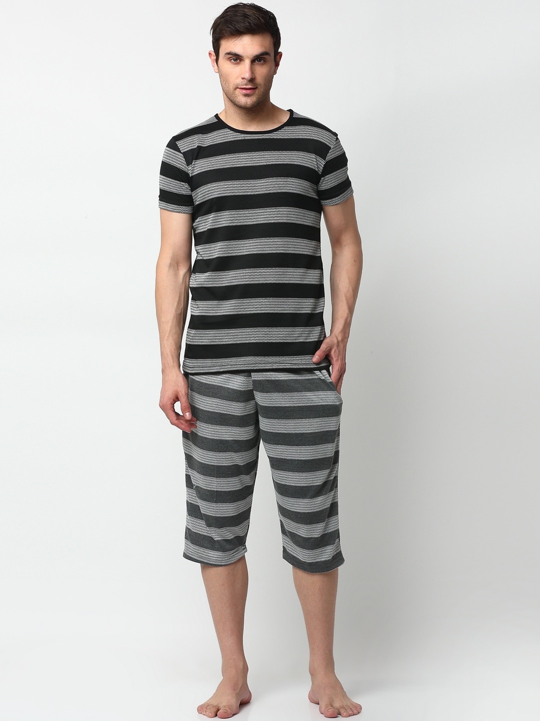 

VIMAL JONNEY Men Grey & Charcoal Striped Pure Cotton Night Suit