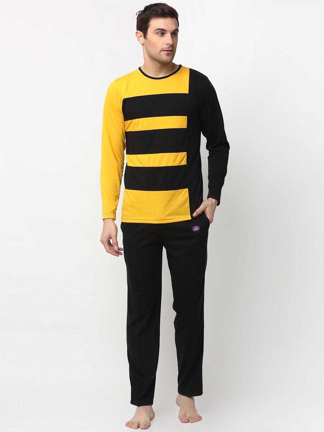 

VIMAL JONNEY Men Yellow & Black Colourblocked Cotton Blend Tracksuit