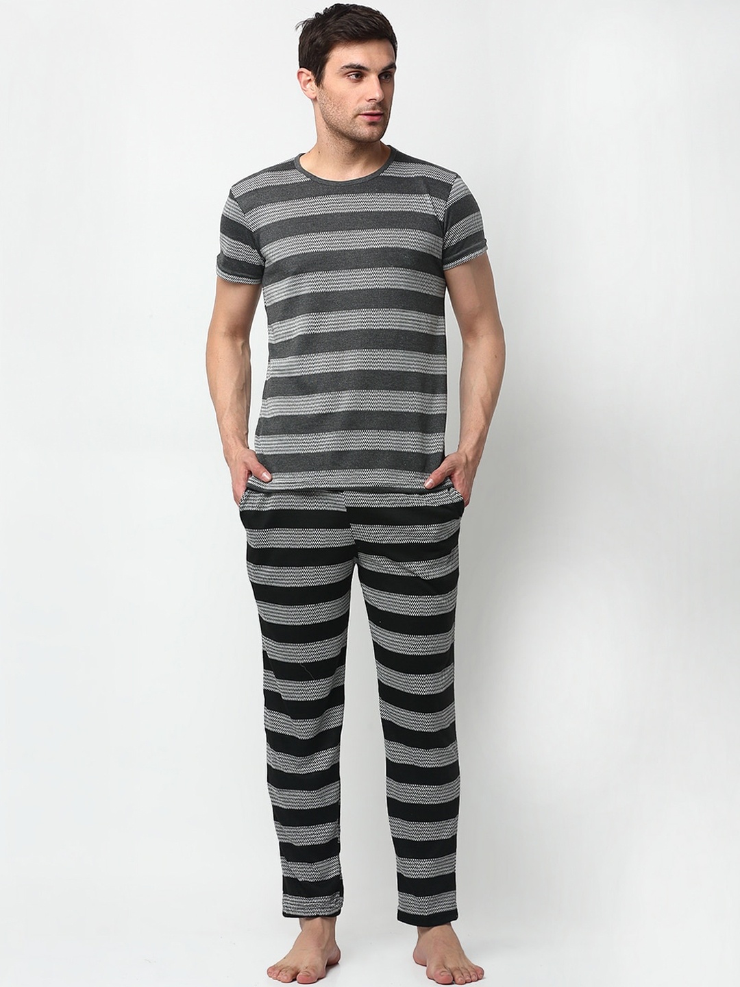 

Vimal Jonney Men Grey Striped Cotton Blend Track Suit