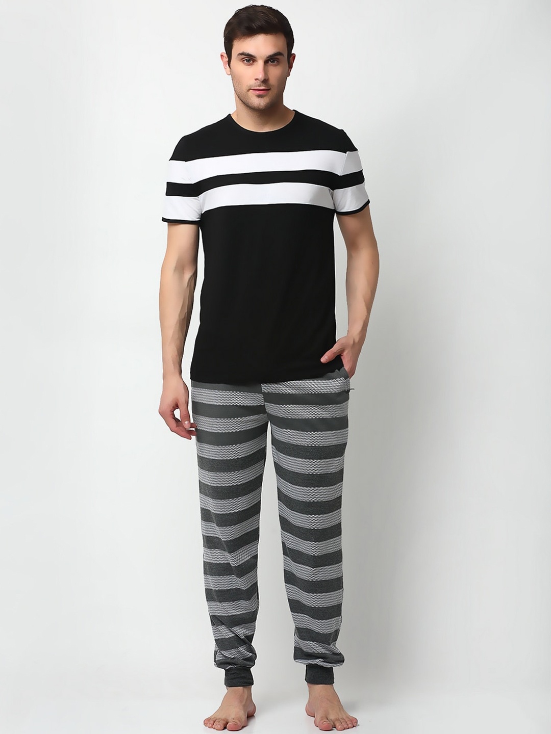 

VIMAL JONNEY Men Black & Grey Striped Night Suit