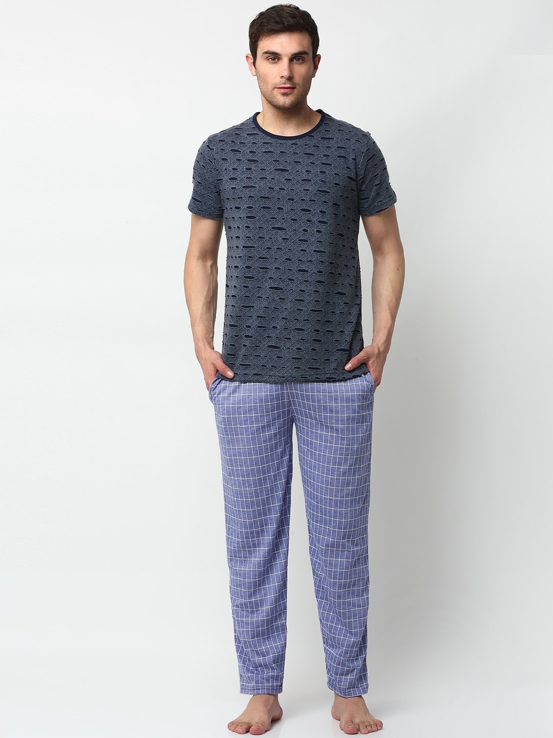 

VIMAL JONNEY Men Grey & Blue Self Design Cotton Blend Tracksuit