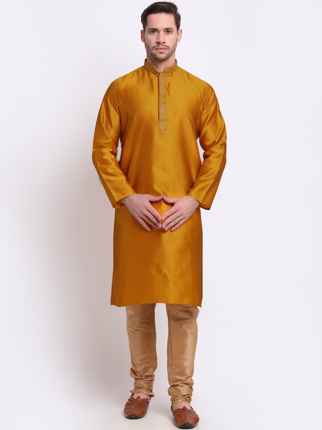 

KRAFT INDIA Men Mustard Solid Yellow Regular Jacquard Kurta with Churidar