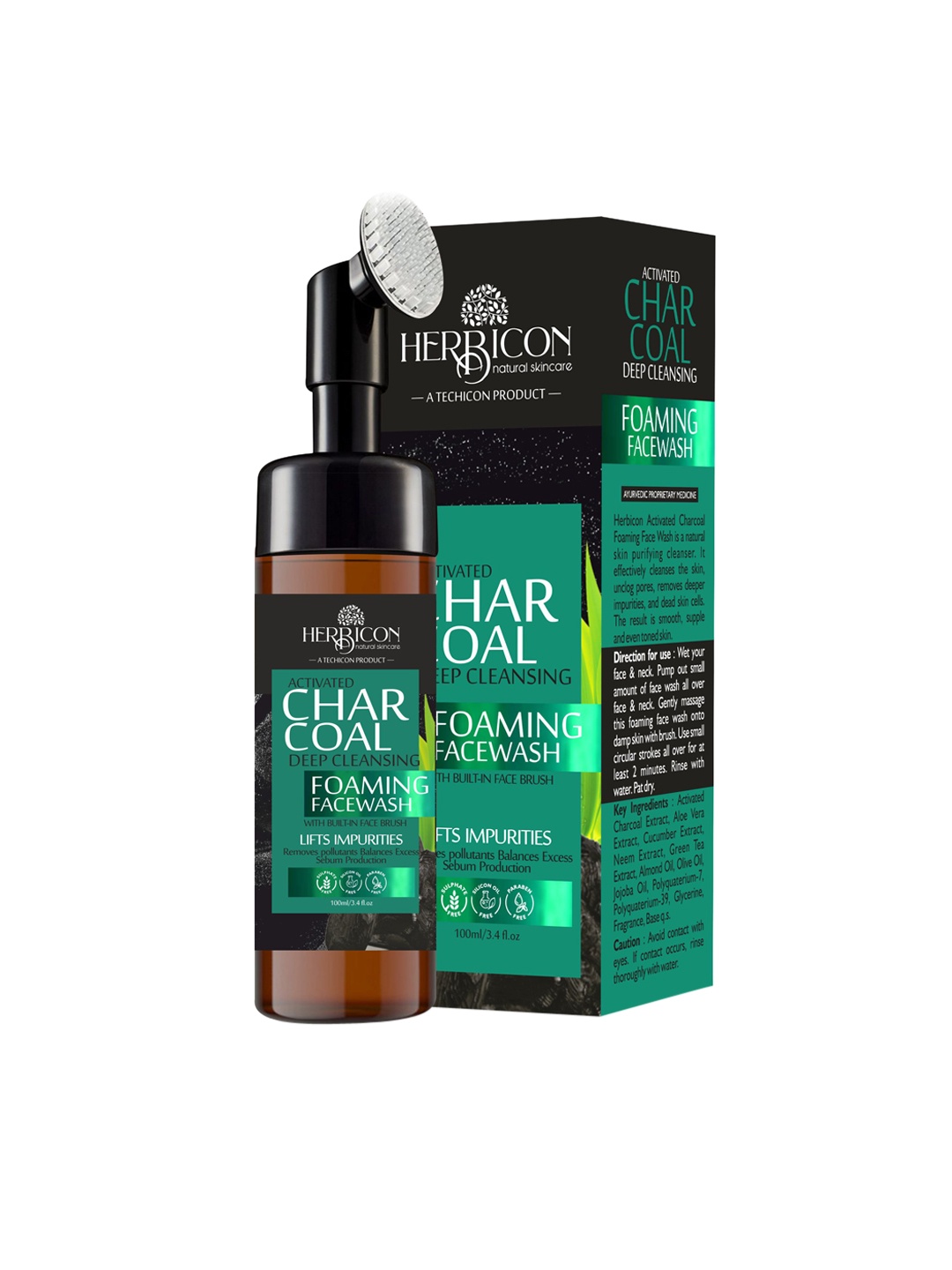 

HERBICON Unisex Charcoal Foaming Face Wash with Built-In Face Brush - 100 ml, Black