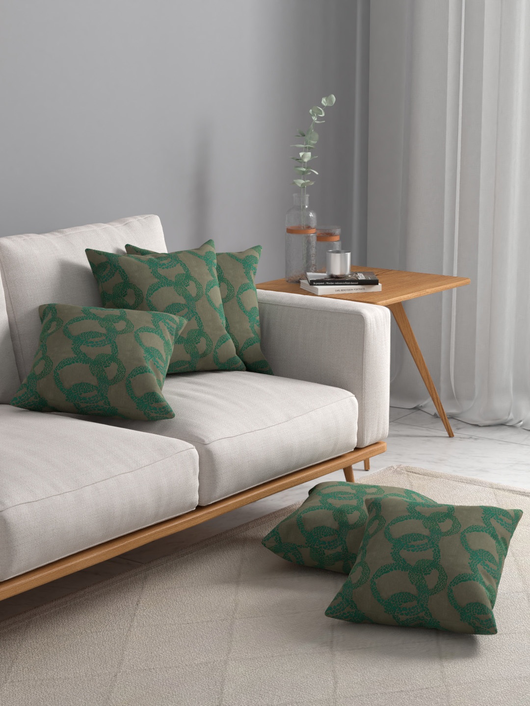 

ROSARA HOME Green & Brown Set of 5 Square Cushion Covers