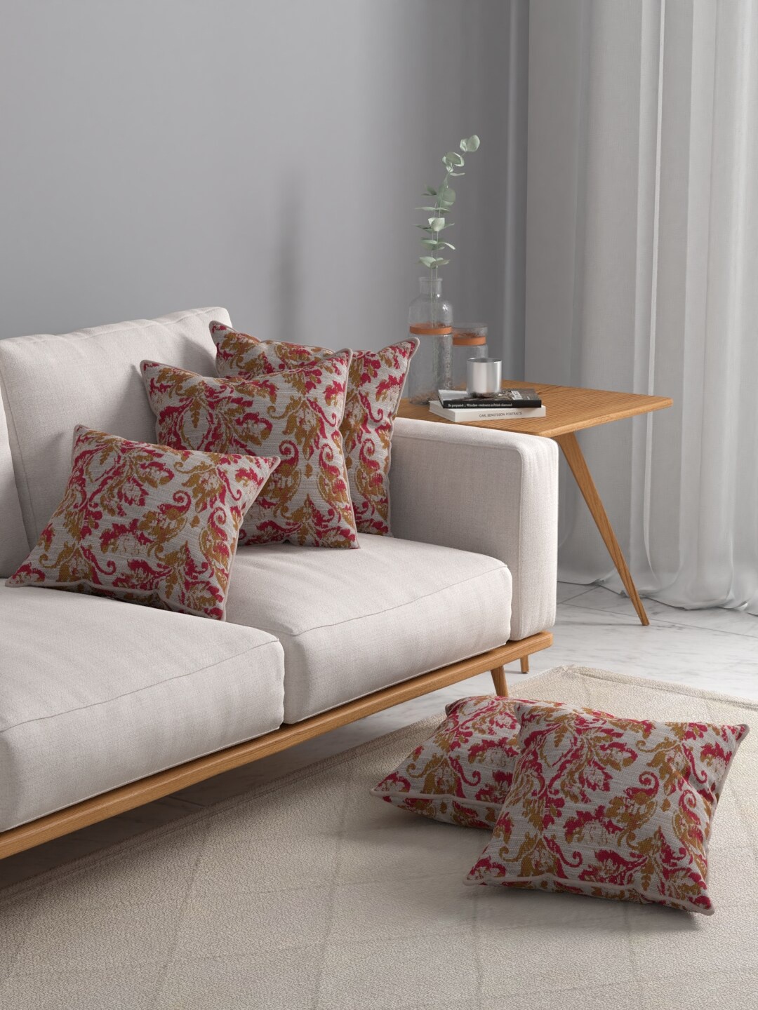 

ROSARA HOME Rust Red & Green Set of 5 Embroidered Square Cushion Covers