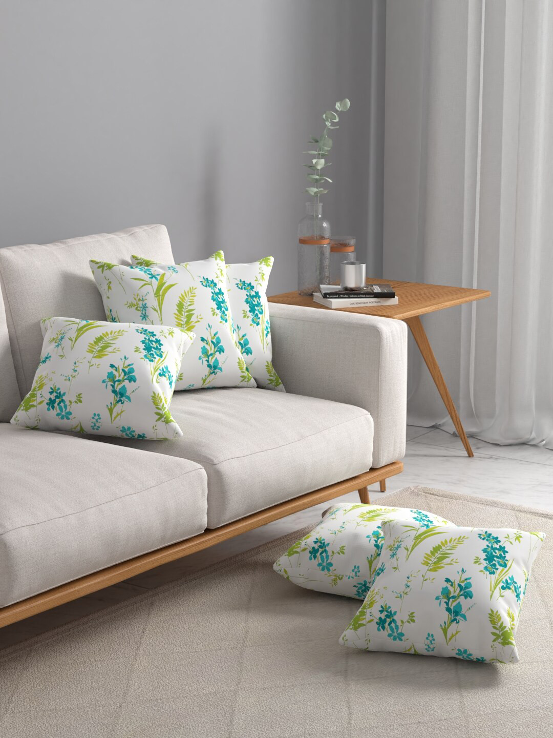 

ROSARA HOME Set of 5 White & Teal Floral Square Cushion Covers