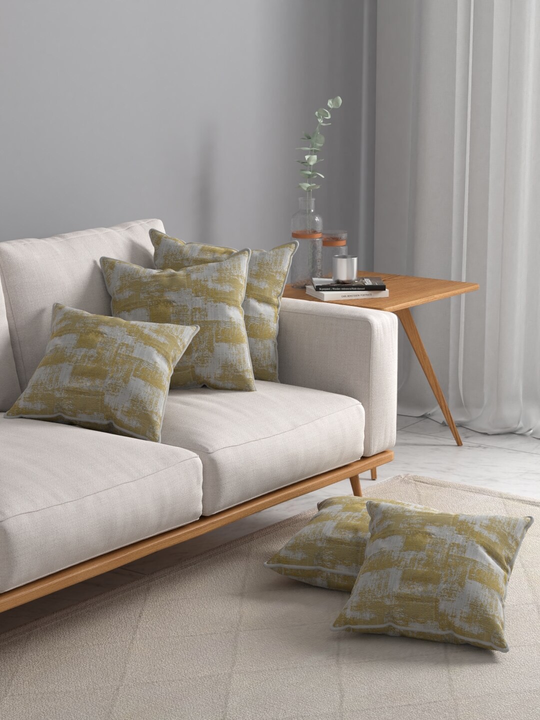 

ROSARA HOME Mustard & Grey Set of 5 Square Cushion Covers