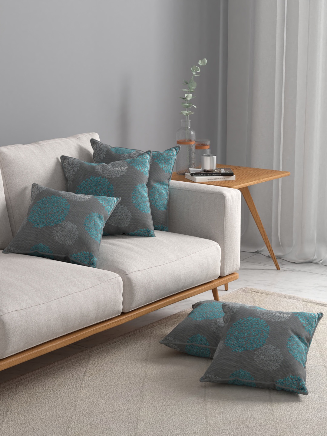 

ROSARA HOME Grey & Teal Set of 5 Floral Square Cushion Covers