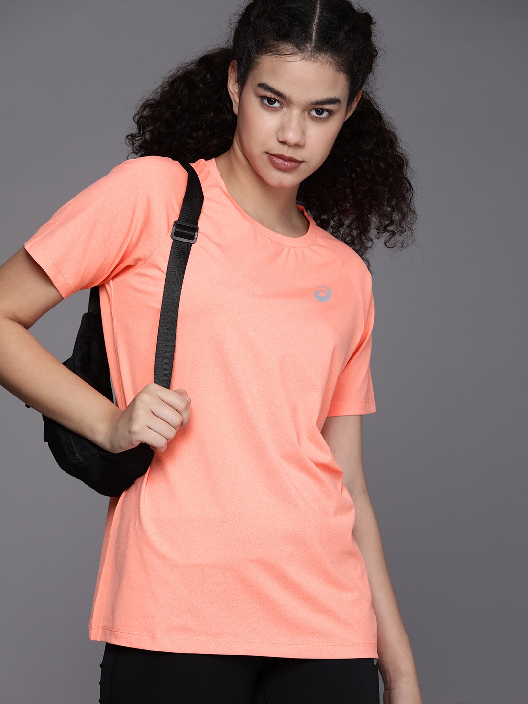 

ASICS Women Peach Solid Round-Neck Running T-shirt