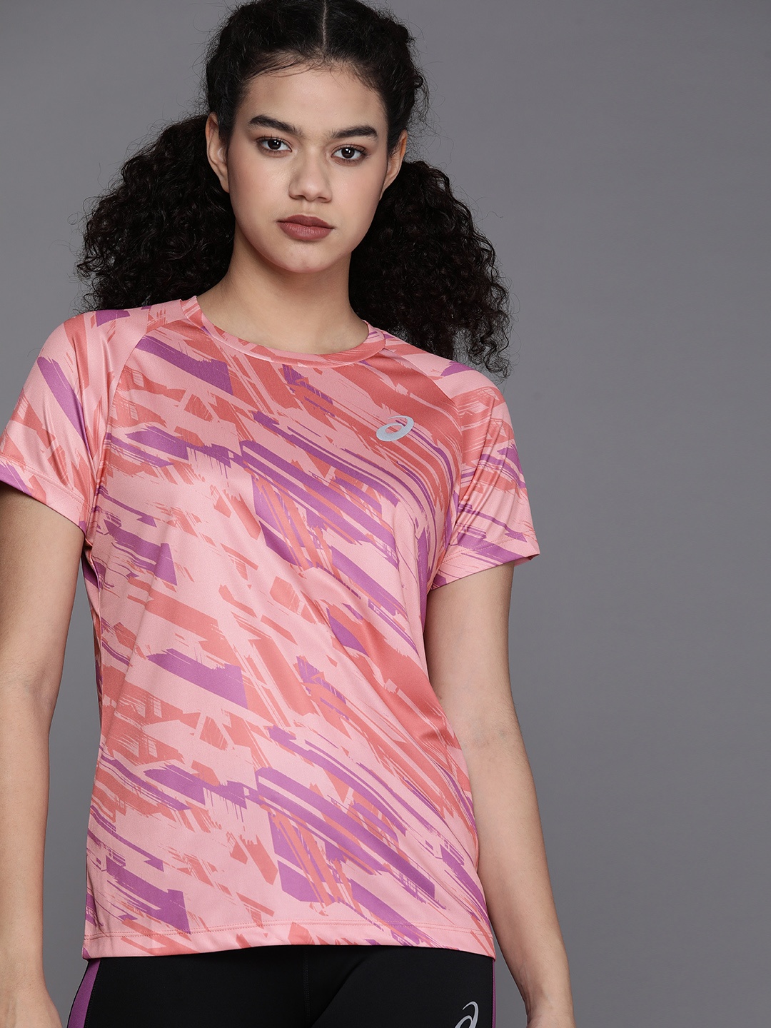 

ASICS Women Peach And Purple Printed Round-Neck Running T-shirt