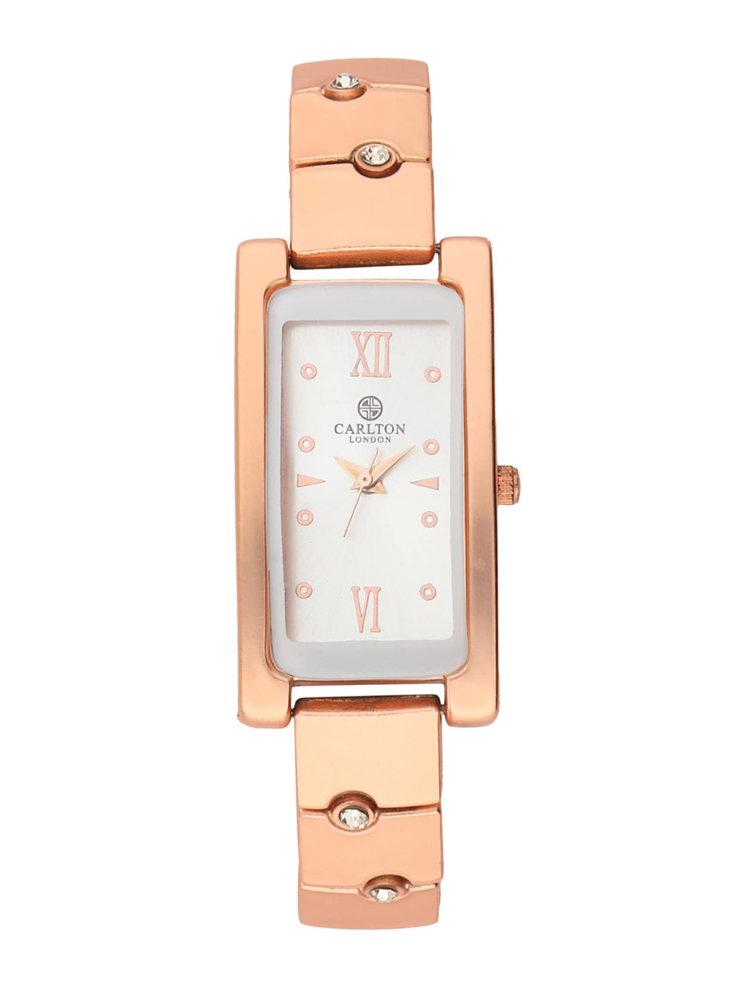 

Carlton London Women Silver-Toned Embellished Dial & Rose Gold Toned Stainless Steel Bracelet Style Straps Watch