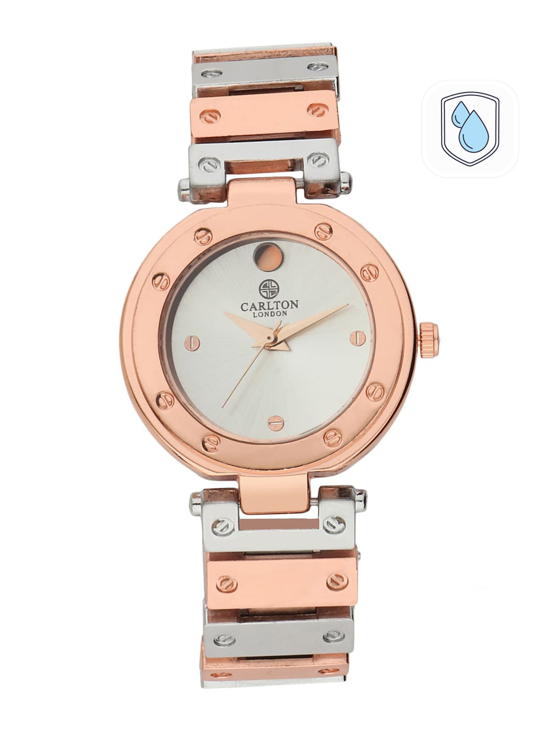 

Carlton London Women Silver-Toned Embellished Dial & Rose Gold Toned Stainless Steel Straps Analogue Watch