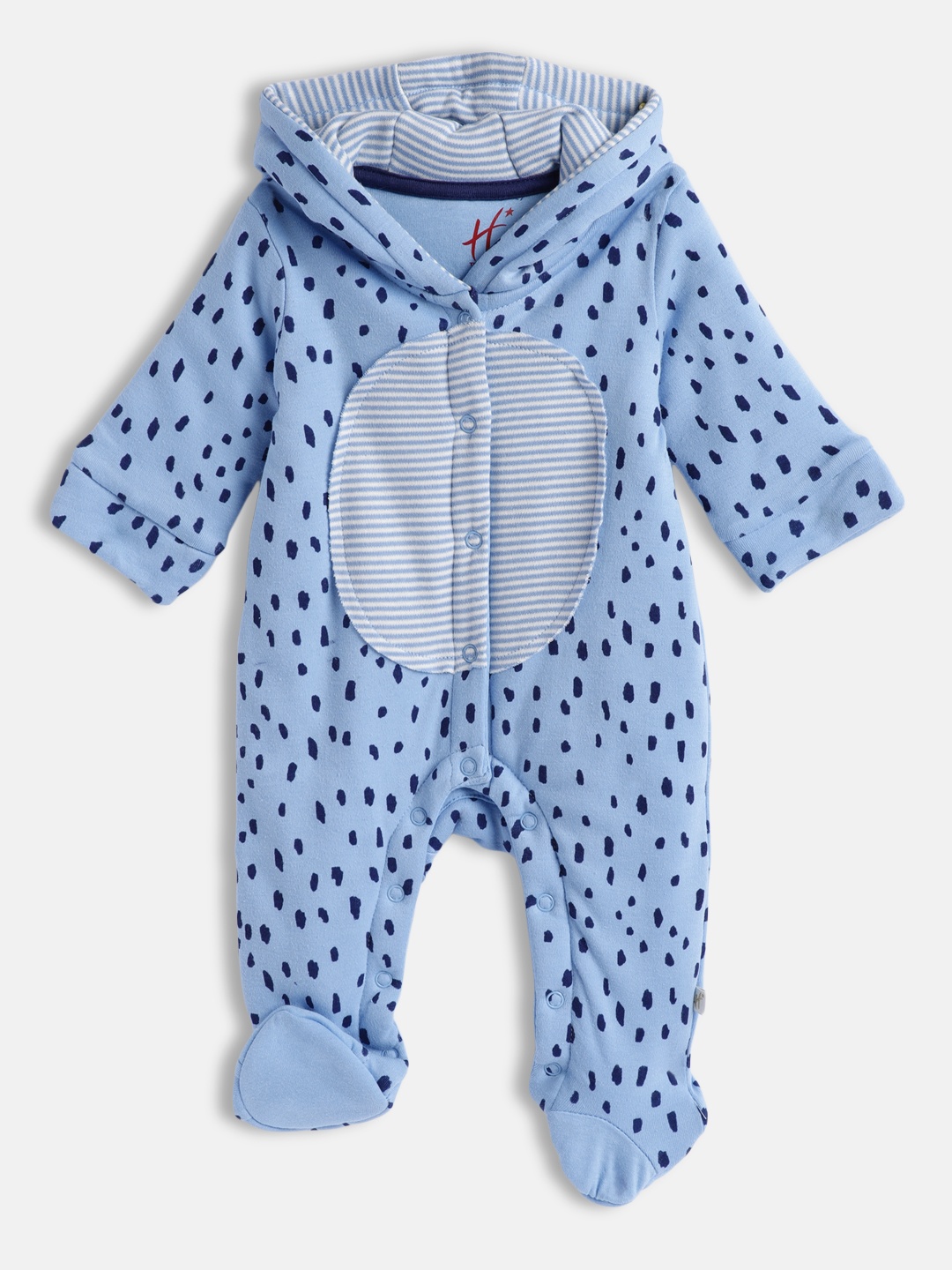 

H By Hamleys Infant Boys Blue Animal Print Applique Hooded Wadded Sleepsuit with 3-D Ears