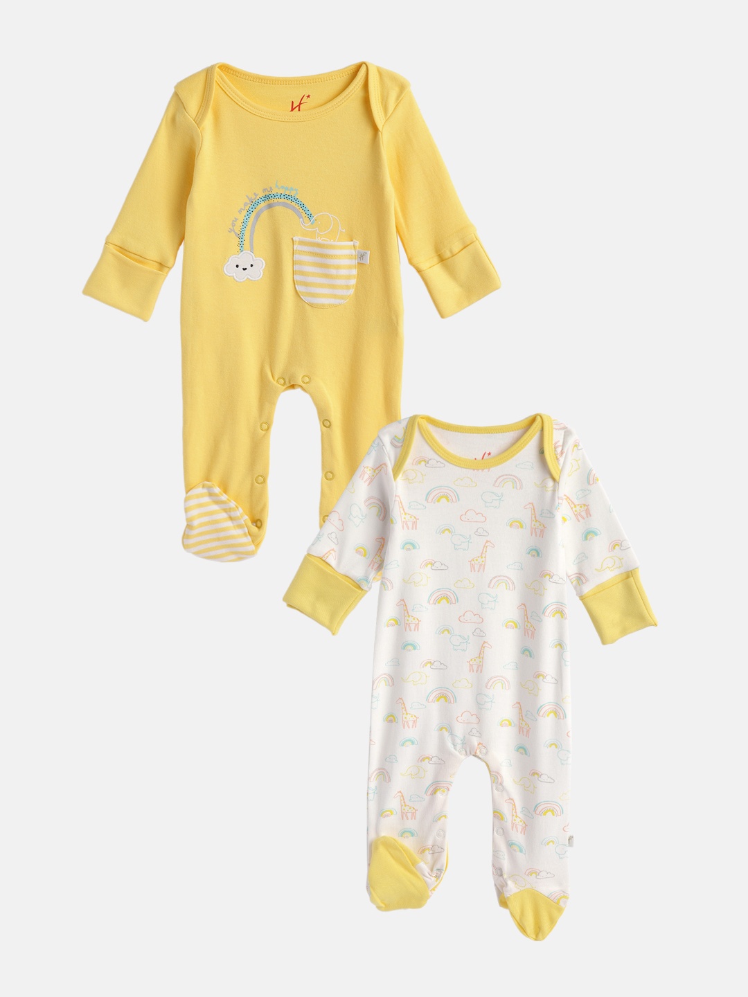 

H By Hamleys Infants Pack of 2 Yellow & White Printed Pure Cotton Sleepsuit