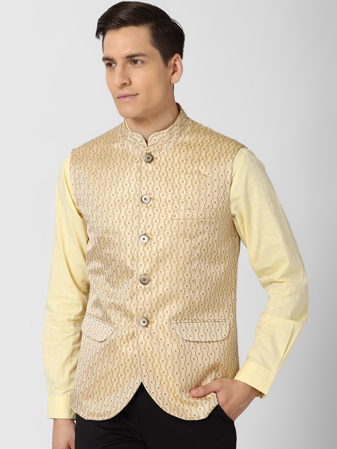

Peter England Elite Men Gold-Coloured Woven-Design Nehru Jacket