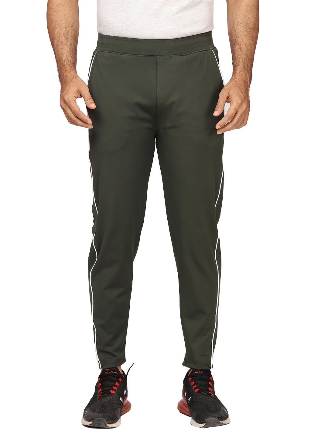 

BULLMER Men Olive Green Solid Track Pants With Side Stripes