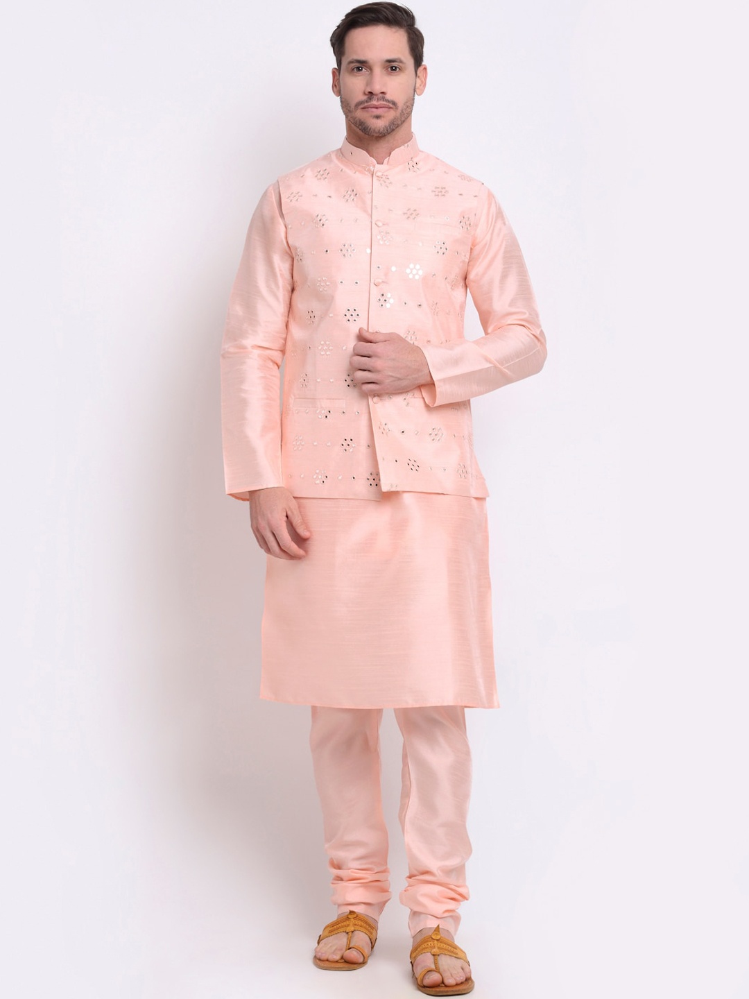 

KRAFT INDIA Men Peach-Coloured Mirror Work Kurta & Churidar with Jacket