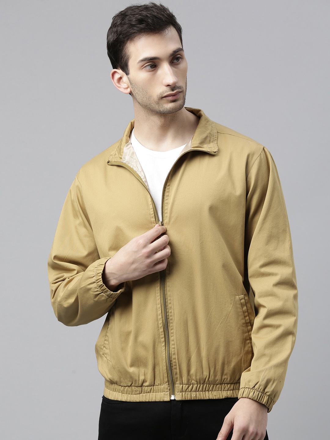 

CINOCCI Men Beige Bomber with Embroidered Jacket